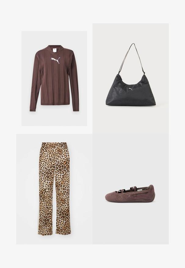 Brun langærmet sweater med lodrette teksturerede striber og en hvid Puma-logo centreret på brystet mod en ensfarvet baggrund.; Leopardprint bukser lavet af blødt stof, med en afslappet pasform, vide ben og en elastisk talje i beige og brune nuancer.; Brun ruskinds balletsko med elastiske stropper og tekstureret sål, vist i profil mod en ensfarvet lys baggrund.; Sort trekantet skuldertaske med tynd rem, subtilt monogrammønster og lille sølvfarvet Puma-logo i midten.