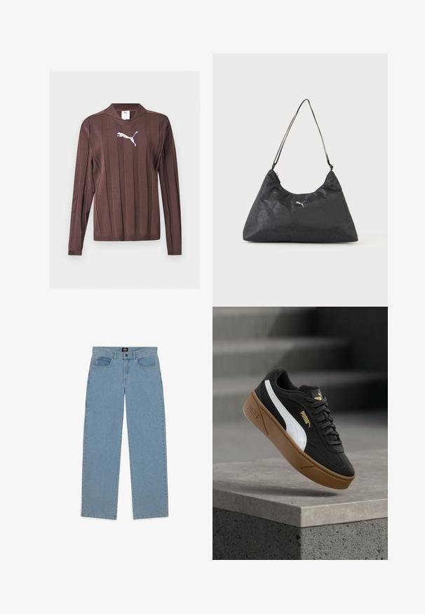 Pruun pikkade varrukatega kampsun, millel on vertikaalsed tekstuuriga triibud ja valge Puma logo rinnal keskel, ühtlase taustaga.; Heledad sinine teksapüksid, lai lõige, denim kangas, viie taskuga disain, nupuga kinnitamine, sirged sääred, nähtavad õmblused, ilma mustrite või aktsentideta.; Must Pumaga toss valge triibu ja pruuni tallaga, hõljuv betoonserva kohal, taustal udused trepid.; Must kolmnurkse õlakotiga peene rihma, diskreetse monogrammi mustri ja väikese hõbedase Puma logoga keskel.