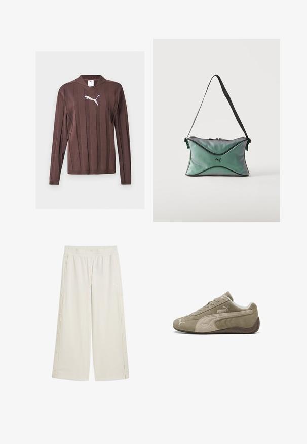 Pull marron à manches longues avec des rayures verticales texturées et un logo Puma blanc centré sur la poitrine sur un fond uni.; Pantalons larges beiges avec une taille élastique, des fermetures à pression sur le côté et un petit logo à l'avant. Fabriqués dans un matériau léger et lisse.; Baskets en daim marron clair avec des accents plus foncés, présentant un design bas, un système de laçage et un logo de marque sur le côté.; Petit sac d'épaule vert irisé avec bordure noire, sangle réglable noire, fermeture éclair et logo Puma au centre avant.