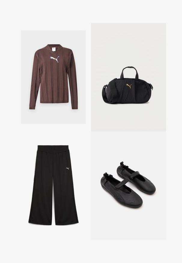 Pull marron à manches longues avec des rayures verticales texturées et un logo Puma blanc centré sur la poitrine sur un fond uni.; Pantalon de sport noir avec une taille élastique, boutons-pression sur les côtés et logo Puma blanc à l'avant. Fabriqué en tissu léger.; Paire de chaussures en cuir noir style Mary Jane avec arrière élastiqué et bride velcro, avec un logo Puma discret sur chaque orteil.; Sac bandoulière texturé noir avec poignées supérieures, large sangle réglable et petit logo Puma doré centré à l'avant.