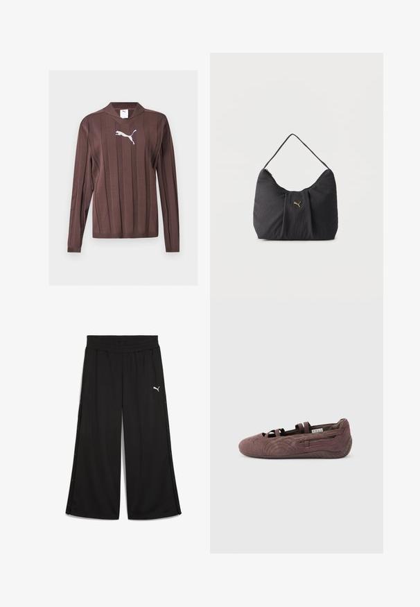 Pull marron à manches longues avec des rayures verticales texturées et un logo Puma blanc centré sur la poitrine sur un fond uni.; Pantalon de sport noir avec une taille élastique, boutons-pression sur les côtés et logo Puma blanc à l'avant. Fabriqué en tissu léger.; Ballerine plate en suède marron avec des lanières élastiques et une semelle texturée, vue de profil sur un fond clair uni.; Sac bandoulière noir texturé avec plis, une seule poignée, et un petit logo Puma doré centré sur le devant.