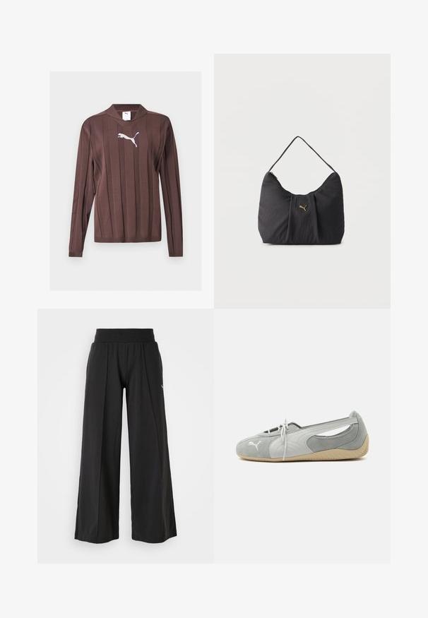 Pull marron à manches longues avec des rayures verticales texturées et un logo Puma blanc centré sur la poitrine sur un fond uni.; Pantalons larges noirs en tissu texturé, avec une taille élastique et un accent du logo PUMA. Design simple avec une coupe décontractée.; Chaussure plate en daim Puma gris clair avec logo blanc, lacets à l'avant, côtés découpés et semelle beige texturée, vue du côté extérieur.; Sac bandoulière noir texturé avec plis, une seule poignée, et un petit logo Puma doré centré sur le devant.