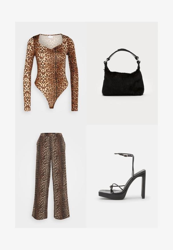 VILA VILEOA BODYSTOCKING - Top s dlhým rukávom - brown; Nohavice so širokými nohavicami s leopardím vzorom, vybavené elastickým pásom a bočnými vreckami, vyrobené z mäkkej tkaniny v hnedých a béžových odtieňoch.; DeeZee Sandále na vysokom opätku - black; Čierna kabelka z umelého kožušiny s jemnou textúrou, zaobleným tvarom a pevným čiernym koženým ramenným popruhom. Viditeľné akcenty zo strieborného kovu.