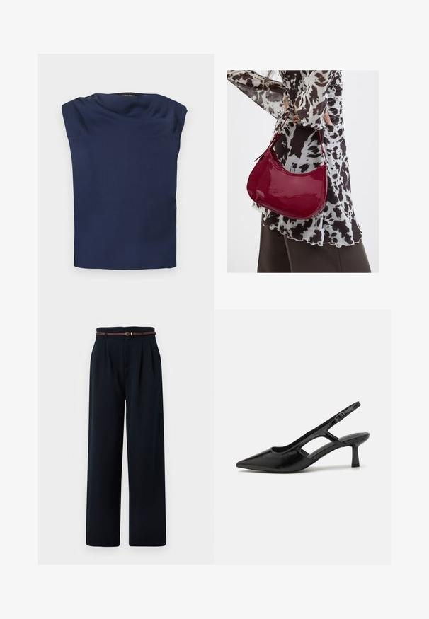 Blusa sin mangas azul marino con escote drapeado, tela suave y dobladillo recto, mostrada extendida sobre un fondo blanco.; Pantalones negros de talle alto y pierna ancha con pinzas y un cinturón trenzado fino marrón, mostrados sobre un fondo blanco.; Tacones de slingback negros con punta afilada, hechos de material brillante, que presentan acentos recortados y un tacón moderado para mayor soporte.; Mujer con blusa de estampado en blanco y negro sosteniendo un bolso de hombro rojo brillante sobre un fondo liso.
