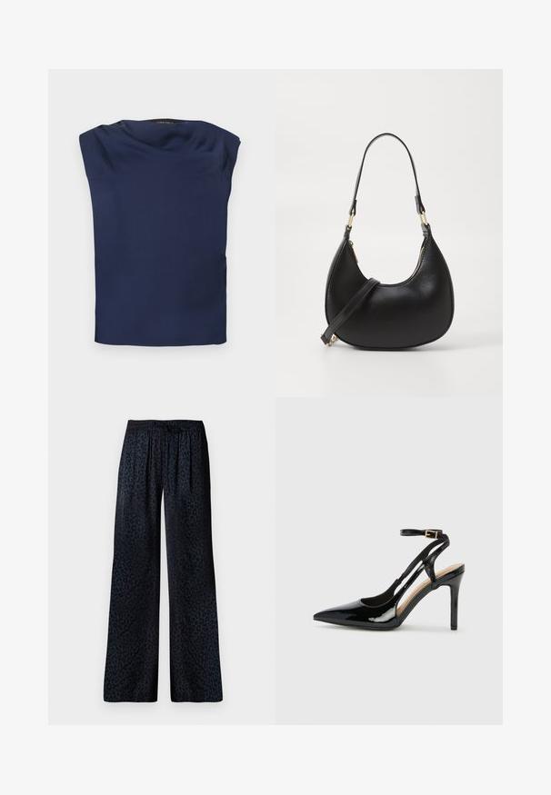 Blouse sans manches bleu marine avec un col drapé, tissu lisse et ourlet droit, présenté à plat sur un fond blanc.; Pantalons larges en tissu foncé avec un motif léopard noir discret, une taille élastique et une coupe confortable.; Escarpin en cuir verni noir à talon haut, avec un bout pointu, une bride réglable à la cheville et des côtés ouverts. Texture lisse.; Sac à main en cuir noir avec une forme courbée, doté d'une fermeture à glissière en haut, d'une courte poignée et d'une bandoulière amovible. Accent en métal doré.