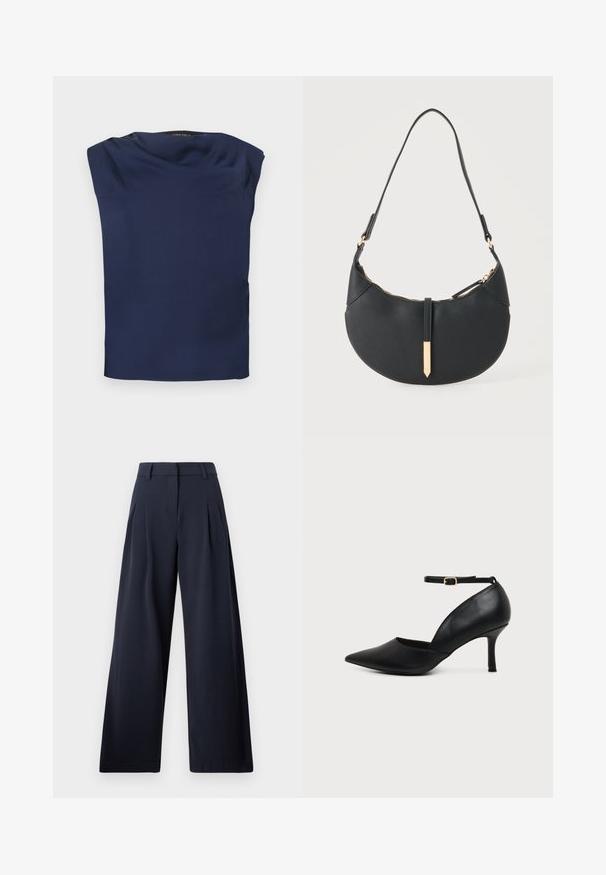 Blouse sans manches bleu marine avec un col drapé, tissu lisse et ourlet droit, présenté à plat sur un fond blanc.; Pantalons larges navy avec une texture lisse, présentant des plis avant et une taille classique, conçu pour un ajustement décontracté.; Chaussure en cuir noir à bout pointu avec talon kitten, bride à la cheville et boucle dorée sur fond neutre.; Sac à main noir en forme de croissant avec une bandoulière unique, une fermeture éclair dorée et une languette décorative rectangulaire dorée à l'avant.