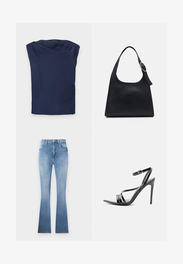Blusa sin mangas azul marino con escote drapeado, tela suave y dobladillo recto, mostrada extendida sobre un fondo blanco.; Vaqueros de mezclilla de corte acampanado en azul claro, con cintura alta, bolsillos frontales y un ligero desvanecimiento hacia el dobladillo. Presentan costuras claras.; Sandalia negra de tacón alto con finas tiras sobre los dedos y el tobillo, con una hebilla dorada en un tacón stiletto delgado.; Bolso tote de cuero negro con textura suave, cuerpo redondeado y una sola correa de hombro con un acento de hardware dorado circular.