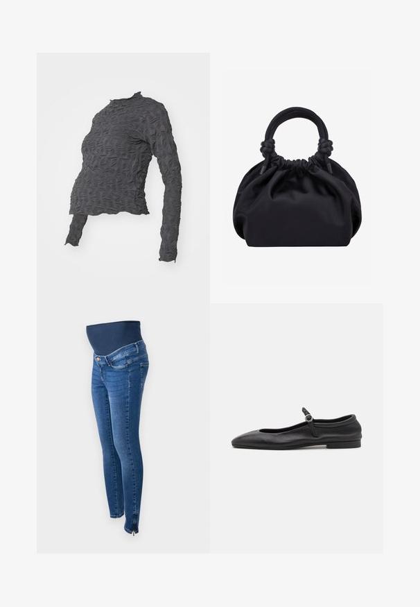 Mørkegrå langærmet top med teksturerede, hævede bladmønstre og høj halsudskæring, der har et let cropped, tætsiddende design.; Graviditetsjeans i mørkeblå denim. Slim fit med et strækbart, støttende mavebånd. Har sidelommer med lynlås ved anklen.; Sorte læder balletflade med en rund tå, smal vamp og en lille ankelrem med en cirkulær spænde. Lav, flad sål.; Sort blød stofhåndtaske med samlet top og cirkulære polstrede håndtag bundet med knuder på hver side.