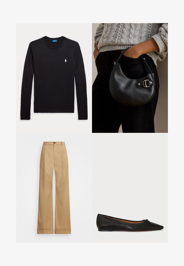 Camiseta negra de manga larga con cuello redondo y pequeño logo blanco de Polo Ralph Lauren en el pecho izquierdo.; Pantalones de pierna ancha beige con cierre de botón, que presentan una textura suave y pliegues planchados. Dobladillos con puños para un detalle adicional.; Bailarina de cuero negro con punta afilada, silueta delgada y un pequeño lazo en la parte frontal. Textura lisa y diseño minimalista.; Persona con un suéter gris de punto trenzado y pantalones negros que sostiene un pequeño bolso de cuero negro con detalle de hebilla plateada.