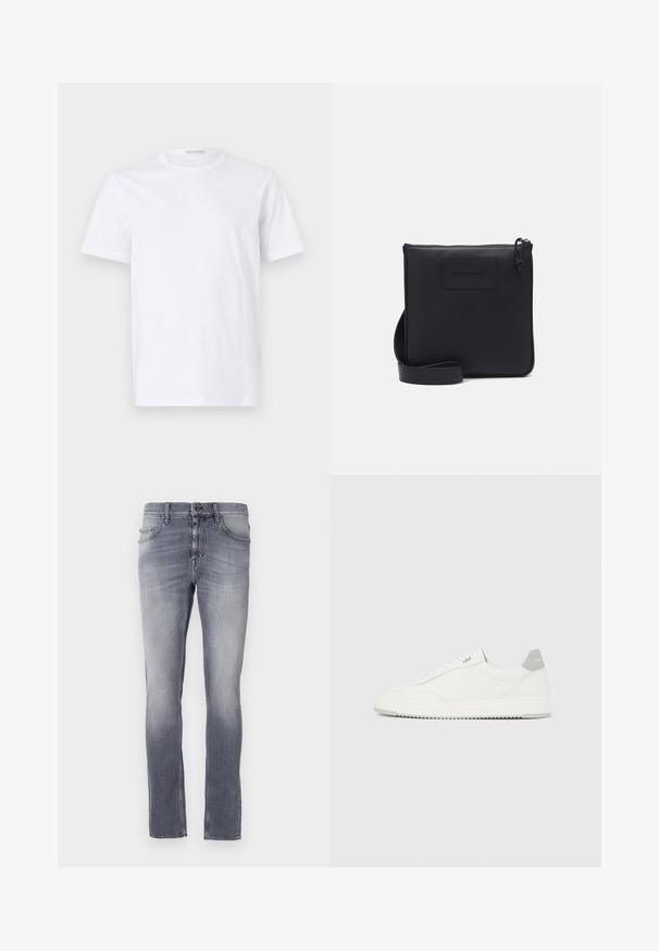 Hvid bomulds t-shirt med rund halsudskæring og korte ærmer. Glat tekstur, lige snit og minimalistisk design uden mønstre eller accenter.; Grå denimjeans med en falmet vask, straight-leg design, fem lommer, bæltestropper og en metalknaplukning i taljen.; Hvid lavtop-sneaker med gråt hælflig, hvide snørebånd og tekstureret sål, vist på en ensfarvet lys baggrund.; Sort læder crossbody taske med tekstureret overflade, rektangulær form, lynlås lukning og justerbar strop. Har et diskret brandlogo foran.