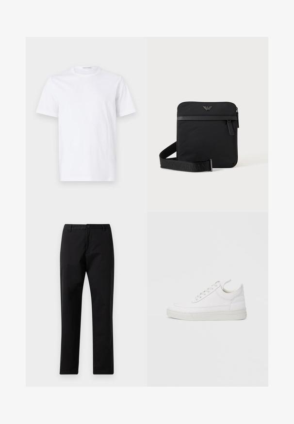 Hvid bomulds t-shirt med rund halsudskæring og korte ærmer. Glat tekstur, lige snit og minimalistisk design uden mønstre eller accenter.; Sorte lige bukser med knap- og lynlåslukning, bæltestropper og forlommer, præsenteret på hvid baggrund.; Hvid lædersneaker med rundet tå, flad sål og snørebånd foran. Har syningsdetaljer og polstret krave for komfort.; Sort firkantet skuldertaske med lynlås, frontlomme og justerbar rem med præget brandnavn.