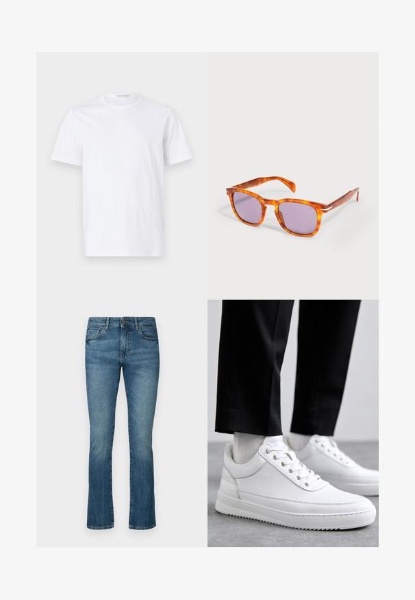 Hvid bomulds t-shirt med rund halsudskæring og korte ærmer. Glat tekstur, lige snit og minimalistisk design uden mønstre eller accenter.; Mørkeblå denim jeans med lige ben-design, der har diskret slid, fem-lommestil og en knaplukning i taljen.; Hvide lædersneakers med en flad gummisål, der har en glat overflade, rund tå og metaløjer til snørebånd. Bæret med sorte bukser.; Tortiseshell firkantede solbriller med lillatonede linser, der hviler på en hvid overflade.