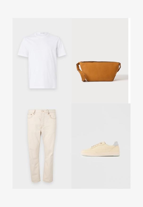 Hvid bomulds t-shirt med rund halsudskæring og korte ærmer. Glat tekstur, lige snit og minimalistisk design uden mønstre eller accenter.; Beige denim jeans med lige ben, der har fem lommer, kontrastsyninger og lukning med knap i taljen.; Beige lavtop sneaker med snørelukning foran, lyserød sål og grå hællap med mærket "Filling Pieces", vist i profil på ensfarvet baggrund.; Lys brun læder crossbody taske med justerbar rem og lynlås, vist mod en ensartet lys baggrund.