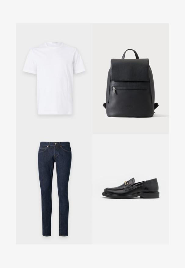 Hvid bomulds t-shirt med rund halsudskæring og korte ærmer. Glat tekstur, lige snit og minimalistisk design uden mønstre eller accenter.; Mørkeblå denim jeans med slim fit, der har fem lommer, kontrasterende orange syninger og en lynlås med en enkelt knaplukning.; Sorte læder loafers med en rund tå, der har guld hardware accent og syningsdetaljer, placeret på en lav, tekstureret gummisål.; Sort læderrygsæk med en lynlåslomme foran og topklapslukning, sat mod en ensartet lys baggrund.