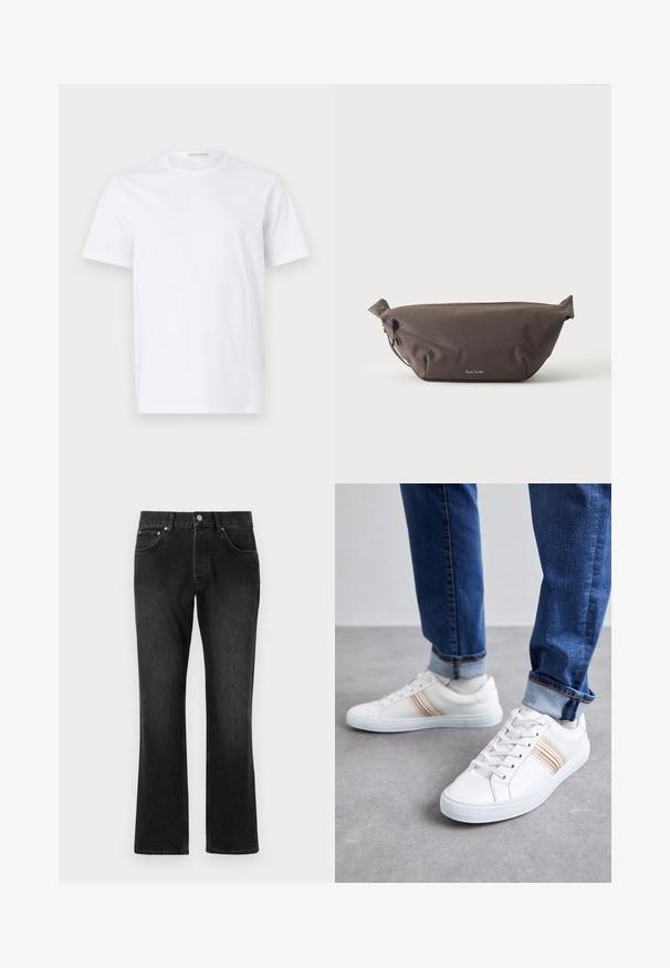 Hvid bomulds t-shirt med rund halsudskæring og korte ærmer. Glat tekstur, lige snit og minimalistisk design uden mønstre eller accenter.; Sorte denim jeans med et lige ben-design, der har en mellemhøj talje, forlommer og en klassisk knaplukning.; Hvide lædersneakers med multicolore striber, snørebåndsdesign, gummisål og polstret krave, parret med blå denimjeans.; Mørkebrun stof talje taske med diagonalt lynlåslomme og lille hvidt logo på fronten, sat mod en ensfarvet lys baggrund.