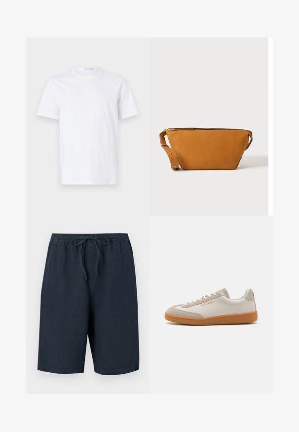 Hvid bomulds t-shirt med rund halsudskæring og korte ærmer. Glat tekstur, lige snit og minimalistisk design uden mønstre eller accenter.; Mørkeblå linnedshorts med elastisk talje og justerbar snor. Har sidelommer og en afslappet pasform.; Hvide og beige lavtoppede sneakers med gummisål, hvide snørebånd, detaljer i ruskind og guld "Paul Smith" logo på siden.; Lys brun læder crossbody taske med justerbar rem og lynlås, vist mod en ensartet lys baggrund.