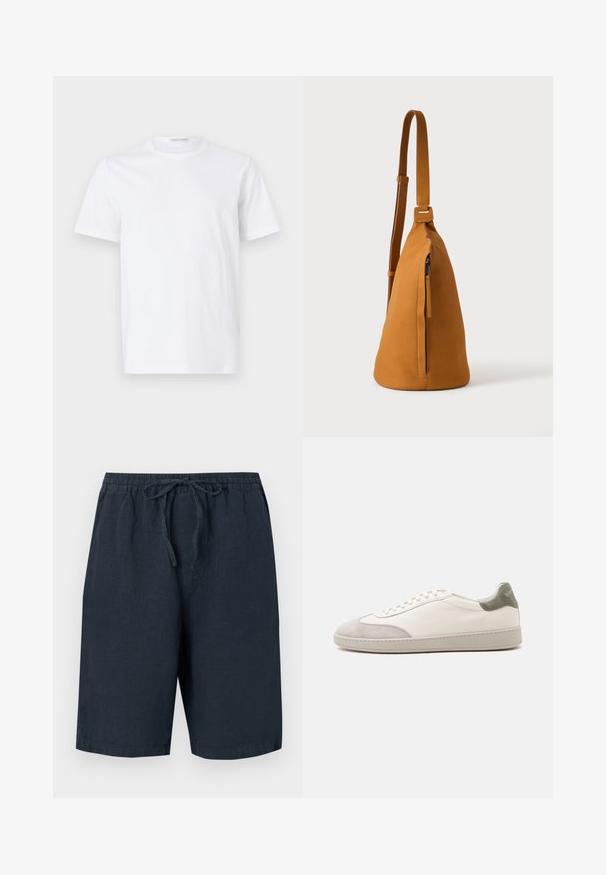 Hvid bomulds t-shirt med rund halsudskæring og korte ærmer. Glat tekstur, lige snit og minimalistisk design uden mønstre eller accenter.; Mørkeblå linnedshorts med elastisk talje og justerbar snor. Har sidelommer og en afslappet pasform.; Hvid lav sneaker med lysegrå ruskind på tå og hæl, hvide snørebånd og en flad beige sål, vist fra ydersiden.; Tan læder crossbodytaske med justerbar rem og lodret lynlåslomme, vist fra siden mod en ensfarvet lys baggrund.