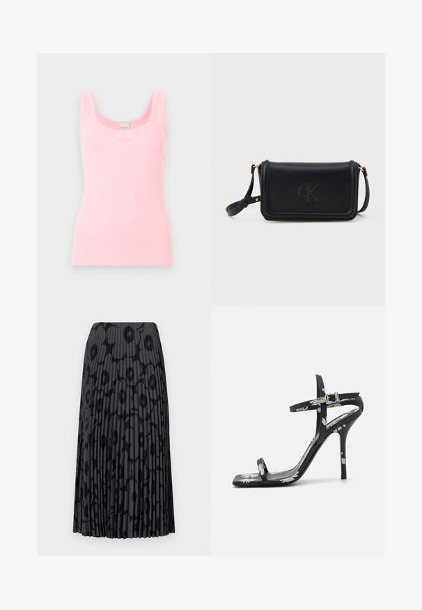 Camiseta sin mangas de canalé rosa claro con escote redondo y etiqueta de Calvin Klein en el interior del cuello trasero.; Falda negra plisada con un patrón floral, hecha de tela ligera; presenta rayas verticales y una cinturilla elástica.; Sandalias de tacón alto negras con punta cuadrada, patrón floral, tiras delgadas en el tobillo y un acabado brillante. Destaca el elegante tacón de aguja.; Bolso cruzado de cuero negro con un acabado texturizado, que cuenta con una tapa superior, logo "cK" estampado y acentos de hardware en tono dorado.