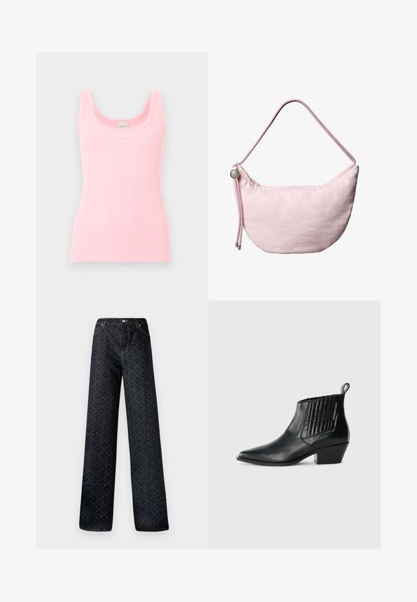 Hellrosa geripptes ärmelloses Tanktop mit Rundhalsausschnitt und Calvin Klein Etikett am inneren Rückenkragen.; Dunkelblaue, weite Jeans mit geometrischem Muster, aus Denim gefertigt. Mit Metallknopf, Reißverschluss und Kettelung der vorderen Taschen.; Schwarze Leder-Ankle-Boots mit spitzer Zehe, gequiltetem Seitenpanel und niedrigem Blockabsatz. Dezentes Branding an der Seite.; Weiche, rosafarbene Schultertasche in Mondsichelform mit verstellbarem Kordelriemen, Metallstopper und dezentem, geprägtem "cK"-Logo in der Mitte vorne.
