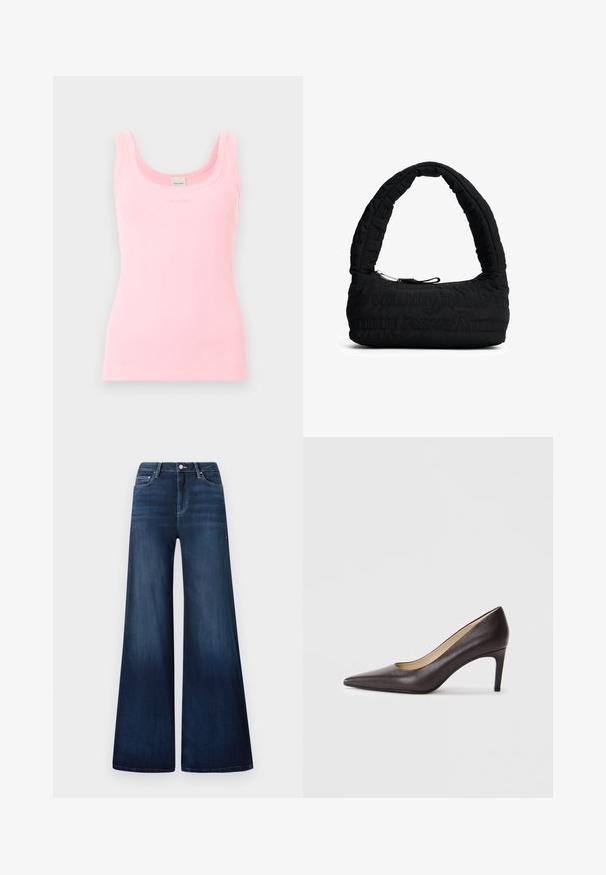 Camiseta sin mangas de canalé rosa claro con escote redondo y etiqueta de Calvin Klein en el interior del cuello trasero.; Vaqueros de pierna ancha azul oscuro con una cintura alta, hechos de denim, con un ligero desgaste, bolsillos delanteros y un cierre de botón clásico.; Zapato de tacón alto de cuero marrón con punta puntiaguda, tacón delgado de 7 cm, textura suave y diseño minimalista. Sin adornos visibles.; Bolso de mano negro acolchado con un asa curva y cierre de cremallera. Presenta patrones texturizados y un material de tejido suave. Diseño compacto y versátil.