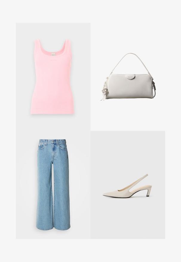 Hellrosa geripptes ärmelloses Tanktop mit Rundhalsausschnitt und Calvin Klein Etikett am inneren Rückenkragen.; Hellblaue weite Jeans aus Denim, mit hoher Taille, Fünf-Taschen-Design und subtilen Auswaschungen im Stoff.; Beige Slingback-Pumps mit spitzer Kappe, offenen Seiten und kleinem Blockabsatz. Glatte Lederstruktur und minimalistisches Design.; Weiße rechteckige Calvin Klein Handtasche mit einem einzelnen Henkel, minimalistischem Design und dekorativen Quasten mit geometrischem Metallanhänger an der Seite.