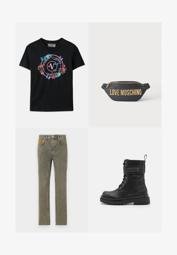 Čierne tričko s farebnou kvetinovou a motýľovou grafikou, so ružovými a modrými akcentmi. Nápis "Versace Jeans Couture" vytlačený v kruhovom dizajne.; Zelené riflové nohavice so rovnými nohavicami, s akcentovanou hnedou kordurového vreckom a jemným vyblednutím po celej látke.; Čierna bojová topánka s lesklým povrchom, vybavená polstrovaným členkom, šnurovaním vpredu a remienkom s vyrazeným logom cez hornú časť. Gumová podrážka.; Čierna kožená ľadvinka so zlatým zipsom a veľkými zlatými písmenami "LOVE MOSCHINO" na prednej strane.