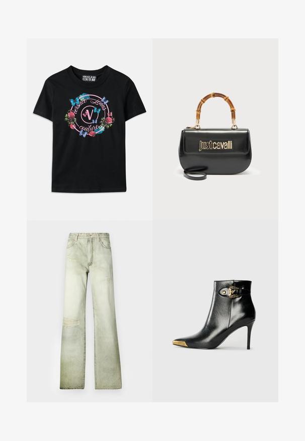 Schwarzes T-Shirt mit einem bunten Blumen- und Schmetterlingsmotiv in Pink- und Blautönen. "Versace Jeans Couture" in einem kreisförmigen Design aufgedruckt.; Ausgebleichte grüne Jeans mit hoher Taille, weitem Bein und abgewetzten Patches. Mit Knopfverschluss und fünf Taschen ausgestattet.; Schwarzer Knöchelstiefel aus glänzendem Leder mit spitz zulaufender Zehenpartie, Stöckelabsatz und goldfarbener Hardware mit dekorativem Schnallendetail.; Schwarze Lederhandtasche mit goldenem "Just Cavalli"-Logo auf der Vorderseite und gebogenem Bambusgriff, ausgestattet mit einem abnehmbaren langen Riemen.