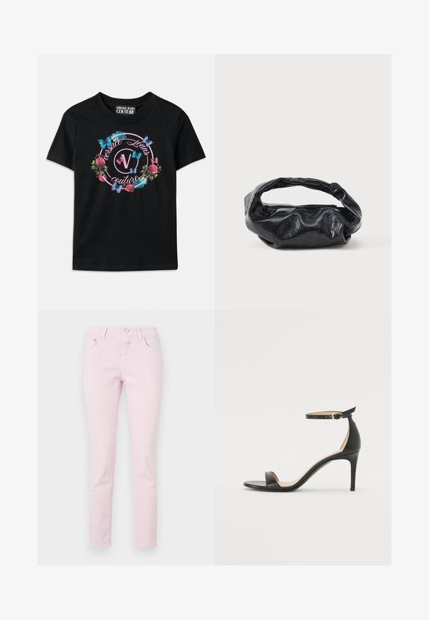 Čierne tričko s farebnou kvetinovou a motýľovou grafikou, so ružovými a modrými akcentmi. Nápis "Versace Jeans Couture" vytlačený v kruhovom dizajne.; Svetloružové džínsy s úzkym strihom, s gombíkovým a zipsovým uzáverom, päťvreckovým dizajnom a detaily prešitia.; Čierne kožené sandále na vysokom podpätku s popruhom okolo členka. Vlastnosti hladkého povrchu, otvorenej špičky a tenkého podpätku. Detail zlatého spony.; Čierna taška z lesklého, textúrovaného materiálu s obvodovým, skrúteným uchom a zipsovým uzáverom. Vyznačuje sa mäkkým, zvrásneným dizajnom.