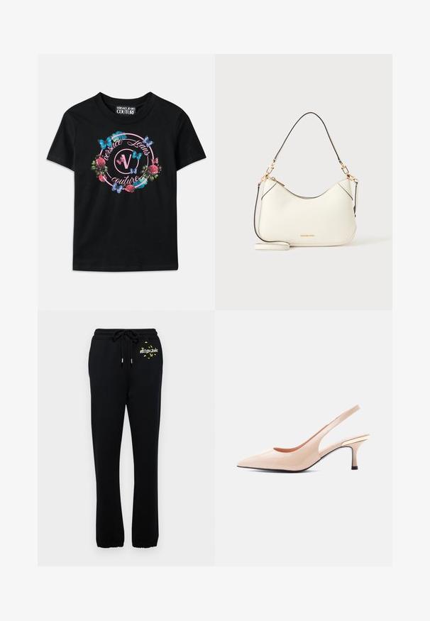 Zwarte T-shirt met een kleurrafloraal en vlinderontwerp, met roze en blauwe accenten. "Versace Jeans Couture" gedrukt in een cirkelontwerp.; Zwarte trainingsbroek met elastische tailleband en koord, voorzien van een kleine gele graphic en elastische boorden bij de enkels.; Glanzende naaktkleurige slingbackpump met spitse neus, lage kittenheel en goudkleurig accent op de hielkap.; Witte leren schoudertas met goudkleurige hardware, zwarte biezen en afneembare schouderriem. Michael Kors-logo in goud onderaan in het midden.