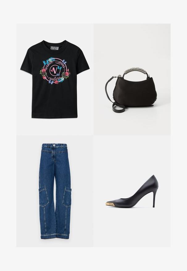 Zwarte T-shirt met een kleurrafloraal en vlinderontwerp, met roze en blauwe accenten. "Versace Jeans Couture" gedrukt in een cirkelontwerp.; Blauwe denim cargo broek met een hoge taille, wijde pijpen, twee grote zijzakken en traditionele klinknagel- en stikdetails.; Zwarte leren pump met hoge hak en puntige neus, gouden metalen uiteinde gegraveerd met "Versace Jeans Couture," gezien vanaf de zijkant op een witte achtergrond.; Zwarte satijnen handtas met een gebogen zilveren handvat en een afneembare zwarte schouderriem. Zachte textuur en ronde vorm met een minimalistisch ontwerp.