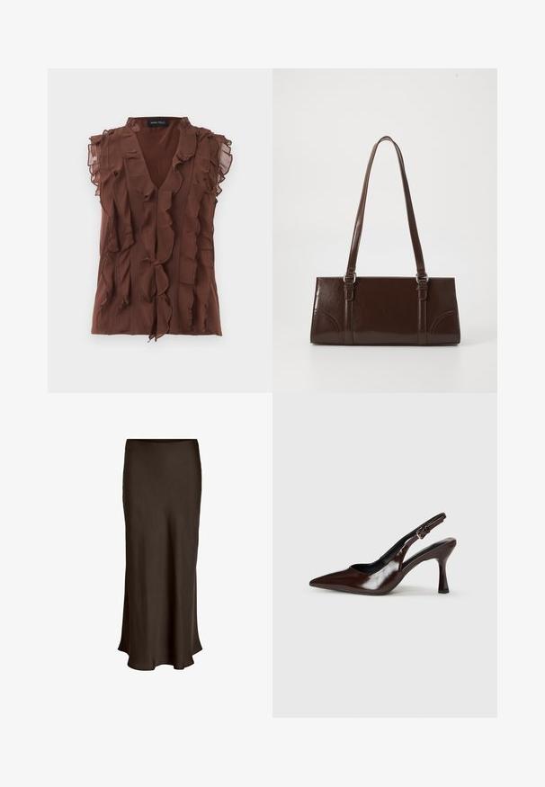 Varrukateta pruun pluus kihiliste vertikaalsete volangidega ja V-kaelusega, õlgadel kergest, läbipaistvast kangast.; VILA VIELLETTE HW MIDI SKIRT - NOOS - Maksiseelik - coffee bean; Pruunid patendiga nahast slingback kontsad terava varbaga, õhukese kontsaga ja reguleeritava rihmaga, millel on väike hõbe kinnitussõlm.; Pruun läikiv naha käekott, millel on ristkülikuline kuju, kaks pikka käepidet ja esipaneelil peened kõverad aktsendid.
