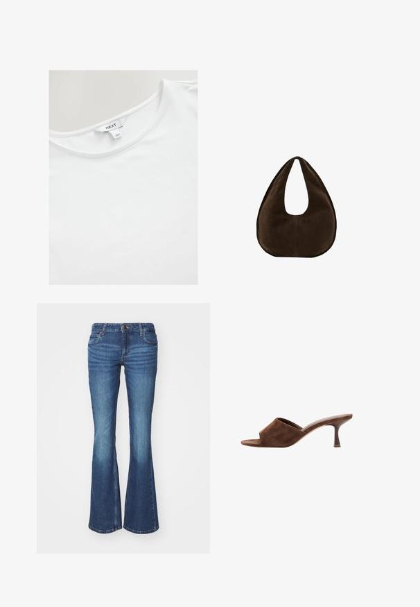 Witte T-shirt met korte mouwen, gemaakt van zachte katoen, met een ronde halslijn en een label met "NEXT" op de binnenkant van de rug.; Flared jeans in middelblauwe denim. Voorzien van een rits met een metalen knoop, twee zijzakken en vervagingdetails bij de knieën.; Bruine suède open-toe mule met een middelhoog, gebogen houten hak en slip-on ontwerp op een witte achtergrond.; Donkerbruine suède handtas in halve maanvorm met een enkele brede riem en een gladde textuur op een witte achtergrond.