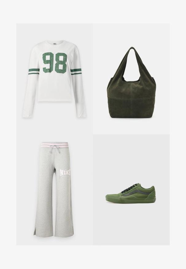 Hvid langærmet skjorte med grønt nummer 98 på fronten og to grønne striber på hver ærme.; Lysegrå sweatpants med vide ben, pink stribet linning, snor, sideslidser og hvid Nike-logo på venstre lår.; Grønne kanvas sko med sorte snørebånd og sideliste. Har en rund tå, gummisål og kontrasterende hvid syning. Klassisk sneaker design.; Mørkegrøn ruskinds tote taske med et afslappet design, som har brede, bløde håndtag og en glat tekstur. Minimalistisk konstruktion uden synligt hardware.