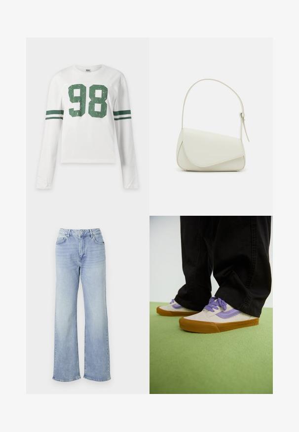 Hvid langærmet skjorte med grønt nummer 98 på fronten og to grønne striber på hver ærme.; Lyseblå vide jeans lavet af denim, med høj talje, fem lommer og en kant med subtilt slid.; Lyse beige sneakers med lilla accenter, gummisål og flade snørebånd. Båret med sorte bukser, vist på en grøn struktureret overflade.; Hvid taske i faux læder med en struktureret trekantet form, enkelt justerbart skulderstrop og en flaplås med kurver.