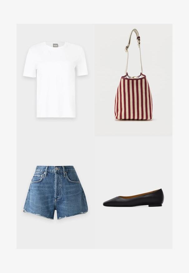 Effen witte T-shirt met korte mouwen en ronde hals, getoond tegen een neutrale achtergrond, met een klein grijs label met "MM" bij de kraag.; Lichtblauwe denim shorts met een hoge taille, rafelige zoom, zijzakken en zichtbare stikseldetails. Voorzien van een klassieke knoop- en ritssluiting.; Zwarte leren puntschoen met lage hak en gladde afwerking, zijaanzicht op een lichtgrijze achtergrond.; Schoudertas met rode en beige verticale strepen, gouden hardware en een verstelbare crèmekleurige riem met gevlochten detail.