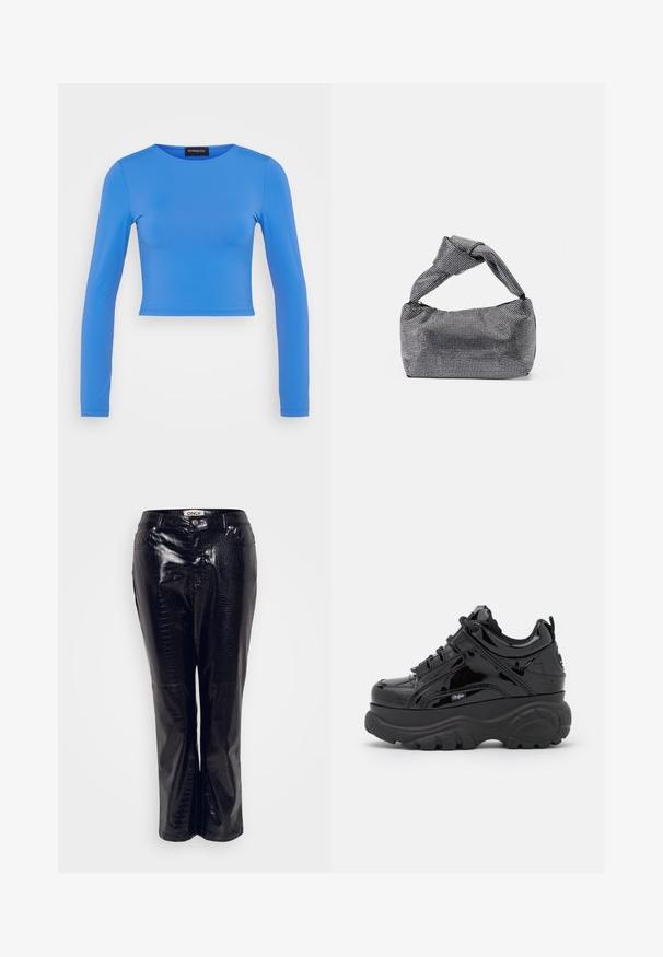 Top corto de manga larga azul, hecho de un tejido suave y elástico, con un cuello redondeado y costuras sin costura. Sin adornos ni patrones.; Pantalones de cuero sintético negro con textura de cocodrilo, que presentan un diseño de pierna recta y cierre frontal con botón.; Zapatillas negras de plataforma con un acabado brillante de charol, que cuentan con suelas de goma gruesas, diseño de cordones y un detalle de logotipo en el lateral.; Bolso de mano negro y plateado con una superficie texturizada que presenta un patrón de diamante, un asa anudada y una forma estructurada.