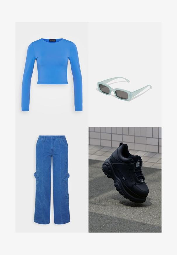 Blauwe lange mouwen crop top gemaakt van een gladde, rekbare stof met een ronde halslijn en naadloze stiksels. Geen versieringen of patronen.; BDG Urban Outfitters Cargobroek - bright blue; Zwarte chunky sneakers met een gladde leren afwerking, vetersluiting aan de voorkant, gevoerde zool en een reliëflogo op de zijkant. Gezichtsopvlakte zichtbaar.; Een paar rechthoekige zonnebrillen met lichtblauwe doorzichtige monturen en donkergrijze glazen, met rechte pootjes en minimale hardwaredetails.