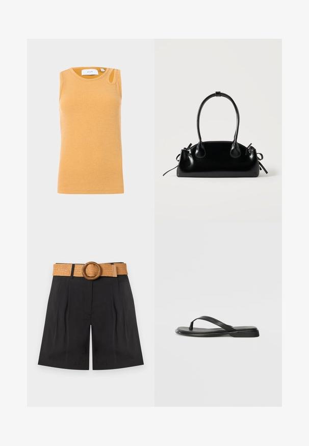 Haut en maille moutarde côtelée sans manches avec un col rond et une petite ouverture ovale près de l'épaule gauche.; Short noir taille haute avec plis à l'avant et une large ceinture tissée de couleur fauve avec une grande boucle ronde en bois.; Tongs noires en cuir lisse, avec un design de sangle fine et une semelle plate à profil minimal. Aucun motif ou accent notables.; Petit sac à main noir brillant avec deux longues anses et des détails à cordon sur les côtés sur un fond clair uni.
