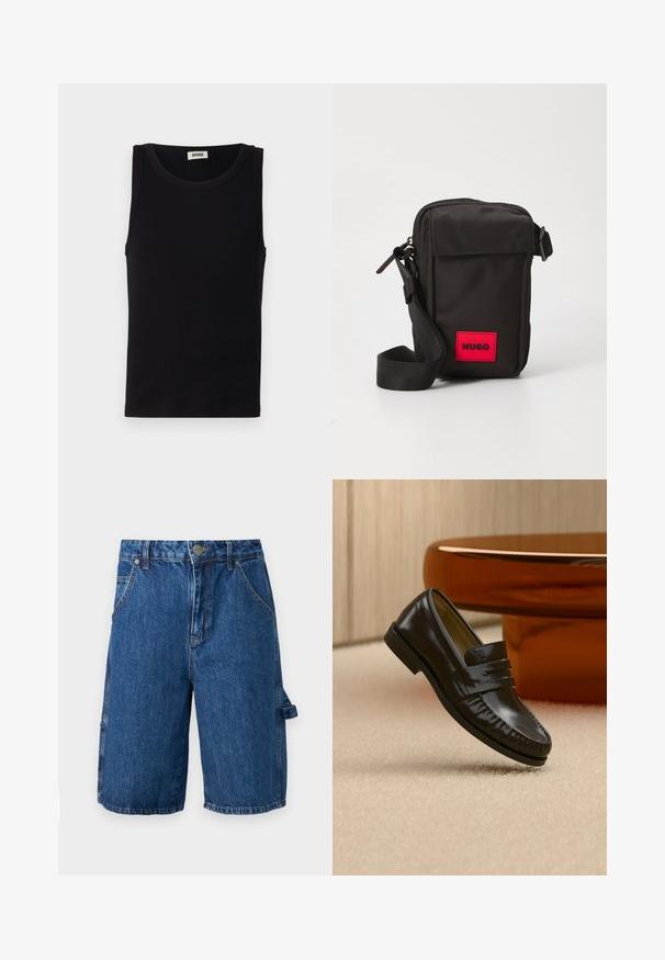 Sort sansædet tanktop lavet af blød bomuld. Har en rund halsudskæring og lige pasform, med minimal syningdetalje.; Denim shorts i en mellemblå farve, med høj talje, to forlommer og en sidelomme med strop. Glat tekstur, afslappet design.; Skinnende sort læderloafer med remdetalje, placeret på beige tæppe nær et rundt brunt sofabord i et blødt oplyst rum.; Sort stof crossbody tas med et rødt logo patch, med en lynlåslukning på toppen, en frontlomme med klap og en justerbar rem.