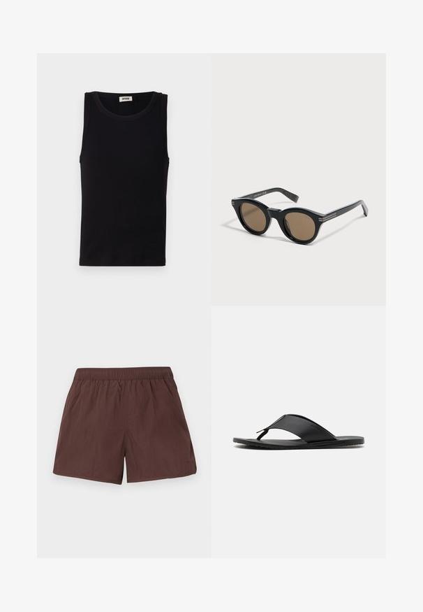 Schwarzes ärmelloses Tanktop aus weicher Baumwolle. Verfügt über einen runden Ausschnitt und einen geraden Schnitt mit minimalen Nähdetails.; Braune elastische Taillenshorts mit einfacher, glatter Struktur und Seitentaschen, flach auf hellem Hintergrund dargestellt.; Stuart Weitzman BASTIAN - Zehentrenner - black; Schwarze runde Sonnenbrille mit dicken Rahmen und braunen Gläsern, leicht nach rechts geneigt auf einer weißen Oberfläche platziert.