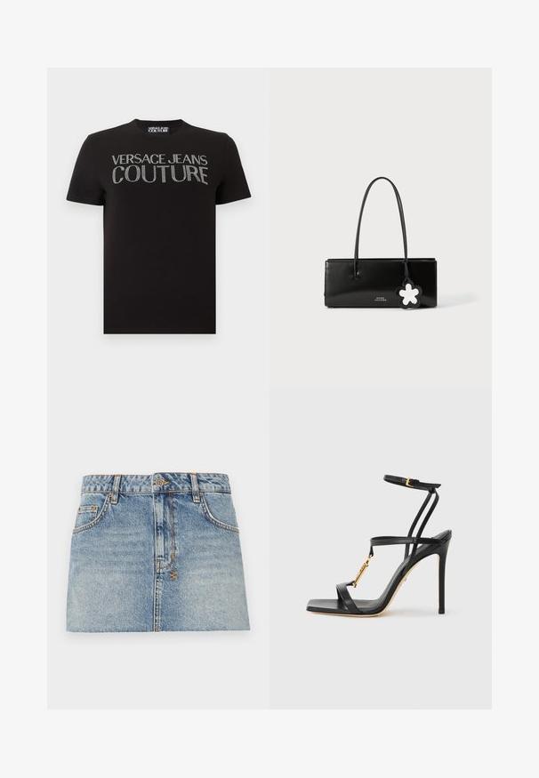 T-shirt noir à manches courtes avec "VERSACE JEANS COUTURE" en strass argentés sur la poitrine et une étiquette de col de marque.; Jupe mini en denim bleu clair avec une taille ajustée, fermeture à boutons à l'avant et deux poches latérales. Présente des ourlets bruts et des détails de couture contrastante.; Sandale noire à talons hauts avec fines lanières, détail en métal doré, design à bout ouvert et texture lisse en cuir. Dispose d'un talon aiguille élancé.; Sac à main en cuir verni noir de forme rectangulaire, avec de fines poignées et un charm en forme de fleur décoratif. Présente une marque logo à l'avant.