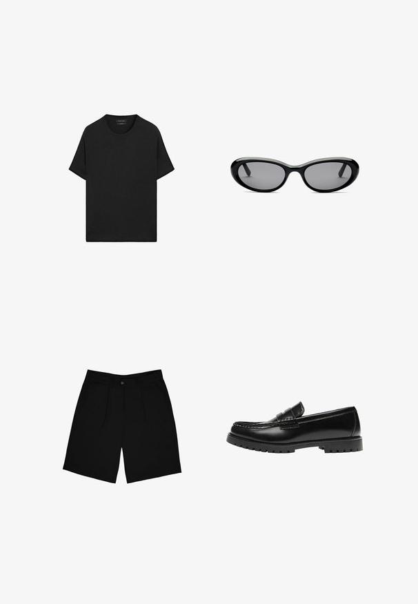 Sort t-shirt med korte ærmer og rund hals, lige kant og et lille mærke med brandnavn indeni ved halsudskæringen.; Sorte shorts lavet af stof med en glat tekstur, der har en frontknaplukning, to sidelommer og et plisseret design.; Sort læderloafer med en kraftig gummisål og klassiske penny-strap detaljer, vist fra ydersiden.; Sorte ovale solbriller med mørke tonede linser og tykke skinnende stel, vist forfra på en hvid baggrund.
