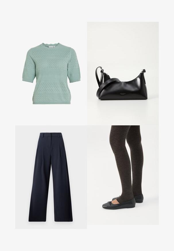Pull en maille vert clair à manches courtes avec motifs texturés en losange et côtelés, col rond.; Pantalons larges navy avec une texture lisse, présentant des plis avant et une taille classique, conçu pour un ajustement décontracté.; Jambes portant des leggings côtelés foncés associés à des ballerines noires avec de petits détails en nœud sur fond blanc.; Sac à main en cuir noir avec une texture lisse. Dispose d'une bandoulière adjustable et d'un design élégant et minimaliste avec une fermeture éclair.