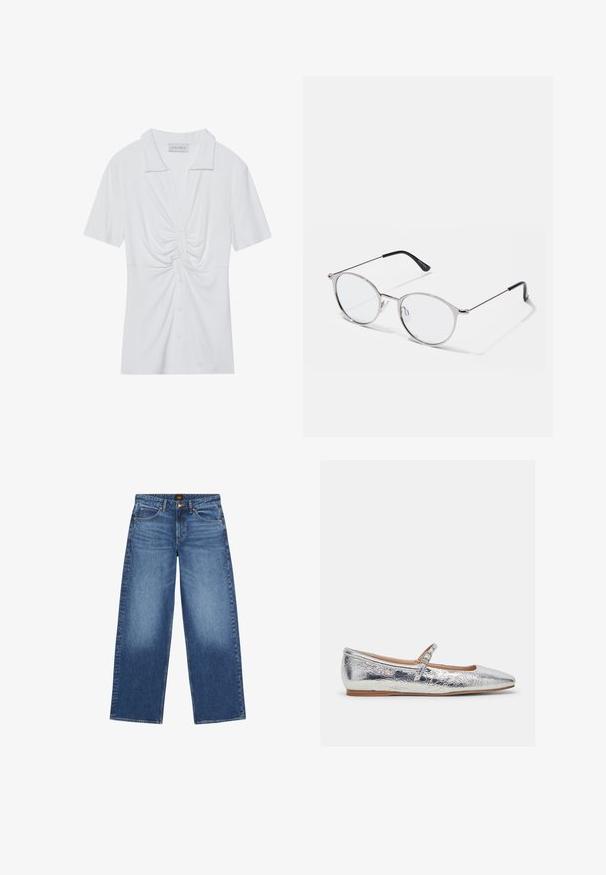 Witte blouse met korte mouwen en kraag, met een gedraaid knooppuntdetail aan de voorkant en een knoopsluiting. Glad ribbeltextuur.; Blauwe denim wijde jeans met vijf zakken, knoop- en ritssluiting, en lichte vervaging op de voorkant van de dijen.; Zilveren metallic ballerina met een amandelvormige neus, een dunne band over de wreef en een gestructureerde afwerking. Platte zool en een minimalistisch ontwerp.; Metalen zilveren bril met ronde glazen en een dunne montuur. Zwarte tempeltips bieden contrast. Inclusief verstelbare neuspad.