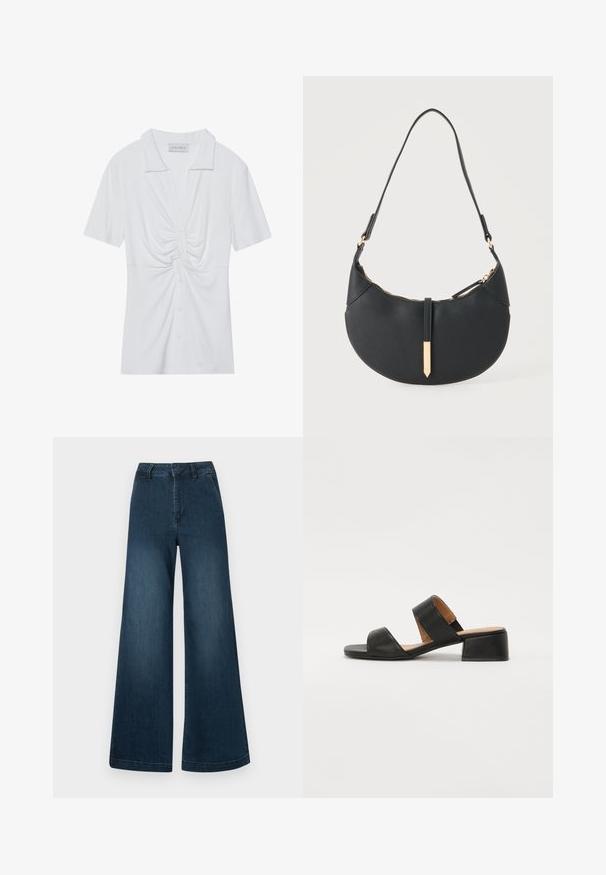 Weiße Kurzarmbluse mit Kragen, die an der Vorderseite mit einem gedrehten Knoten-Detail und einem Knopfverschluss versehen ist. Glatte, gerippte Textur.; Dunkelblaue High-Waist-Jeans mit weitem Bein, Taschen vorne und Gürtelschlaufen auf weißem Hintergrund.; Schwarze Ledersandale mit zwei breiten Riemen über dem Fuß, einer quadratischen Zehenpartie und einem niedrigen Blockabsatz. Glatte Textur und minimalistisches Design.; Schwarze halbmondförmige Handtasche mit einem einzelnen Träger, goldenem Reißverschluss und einer goldenen rechteckigen dekorativen Lasche vorne.