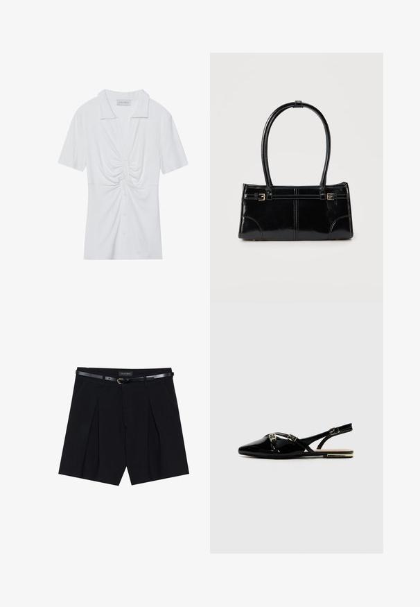 Hvid kortærmet blouse med krave, der har en snoet knude detalje foran og en knaplukning. Glat ribbet tekstur.; Sorte skræddersyede shorts med folder, udstyret med et slankt sort bælte med en gylden spænde. Fremstillet af et glat stof, der giver et poleret udseende.; Sorte patent slingback sko med spids tå, udstyret med to guldspænder og en lille hæl. Glat tekstur og minimalistisk design.; Glansfuld sort rektangulær håndtaske med to tynde skulderremme og små guldbeslag foran.