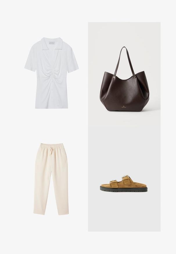 Hvid kortærmet blouse med krave, der har en snoet knude detalje foran og en knaplukning. Glat ribbet tekstur.; Beige loungbukser med en afslappet pasform, elastisk talje, snoretræk og sidelommer. Fremstillet af et blødt, struktureret stof.; Brune ruskinds slide-sandaler med to justerbare spænder, en polstret fodseng og en sort gummisål med et struktureret mønster.; Mørkebrun tekstureret lædertaske med to lange håndtag og lille gyldent logo "Anna Field" på frontens midte.