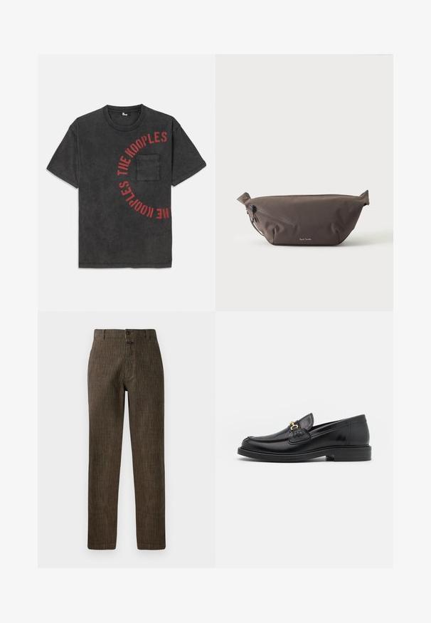 T-shirt en coton noir avec un graphique rond en texte rouge portant "THE KOOPLES," doté d'une poche sur le devant et d'une coupe décontractée.; Pantalons en velours côtelé marron avec des rayures verticales, une coupe droite et une fermeture à bouton à l'avant. Texture lisse avec un design classique.; Mocassins en cuir noir avec un embout rond, présentant des accents en métal doré et des détails de couture, montés sur une semelle en caoutchouc texturé et basse.; Sac banane en tissu marron foncé avec poche zippée en diagonale et petit logo blanc sur le devant, sur un fond clair uni.