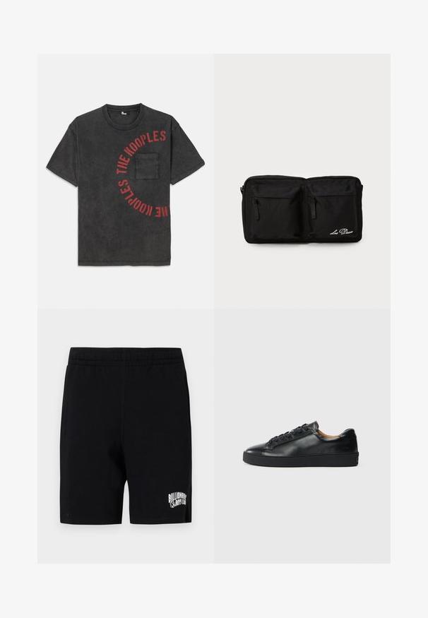 Zwarte katoenen T-shirt met een ronde graphic in rode tekst met de tekst "THE KOOPLES", voorzien van een zak aan de voorkant en een ontspannen pasvorm.; Zwarte shorts van een zachte katoenmix met een elastische tailleband, voorzien van een wit logo op het linkerpootje en zijzakken.; Zwarte leren sneaker met een gladde textuur, ronde neus en vetersluiting. Heeft een dikke rubberen zool en minimale merkaanpassing.; Zwarte stoffen zak met twee voorzijde ritszakken, geborduurde tekst, rechthoekige vorm, duurzame textuur en discreet ontwerp.