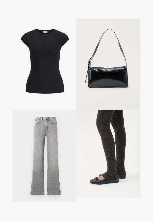 Camiseta ajustada de manga corta negra con cuello redondo y etiqueta de marca púrpura en el interior del cuello.; Jeans de mezclilla gris de campana con una cintura alta, bolsillos delanteros, trabillas para el cinturón y un sutil diseño descolorido, presentados sobre un fondo blanco.; Piernas con leggings oscuros acanalados combinados con bailarinas negras que presentan pequeños detalles de lazo sobre un fondo blanco.; Bolso de hombro rectangular negro con una correa ajustable y un cierre de cremallera superior sobre un fondo liso.